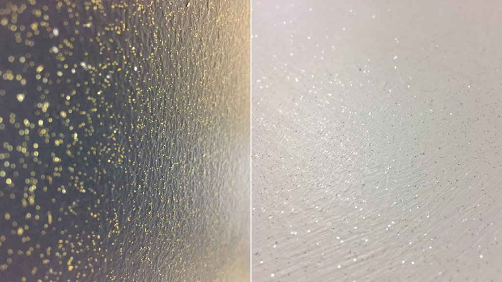 i-Glitter, per portare luce ed eleganza in ogni ambiente 1 i-Glitter oro applicato su una parete scura, i-Glitter argento applicato su una parete chiara