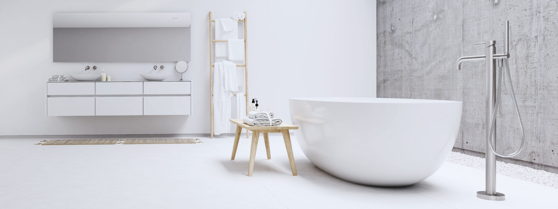 new modern zen bathroom with white wall. 3d rendering icosan defend ag bagno