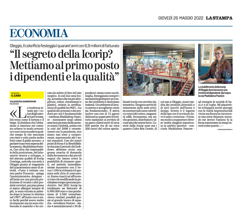 Articolo de La Stampa con intervista a Maddalena Pastore in occasione dei 40 anni di attività dell'azienda.